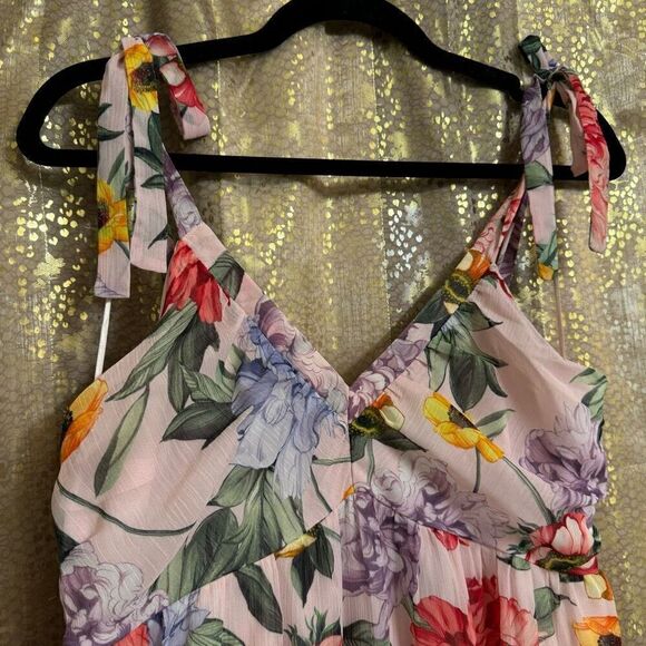 Express Pink Floral Spring Chiffon Tie Strap Tiered Dress Small NWT - Picture 5 of 9